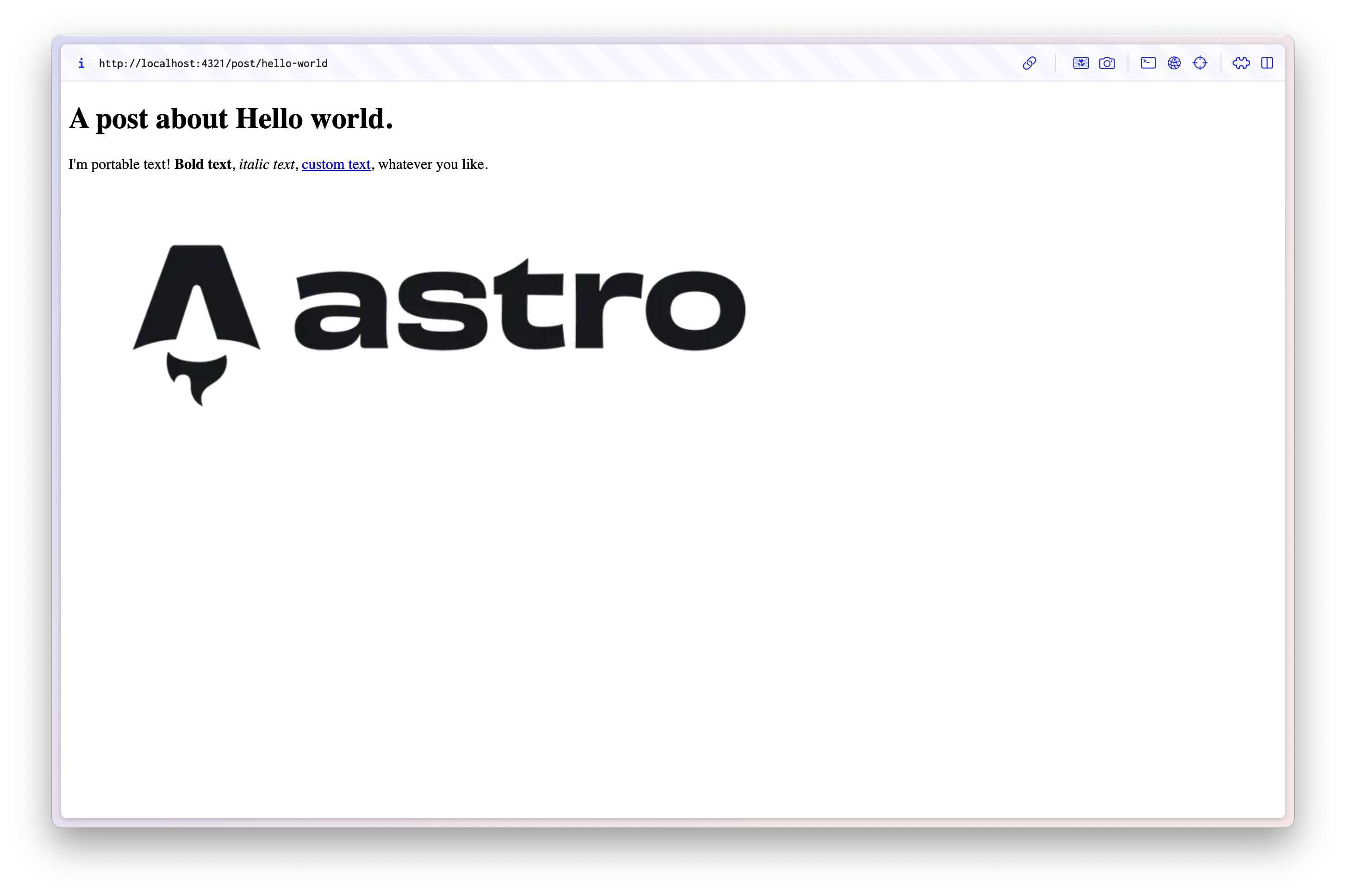 browser screenshot with heading my favorite things, some text with links and an image, the logo of Astro