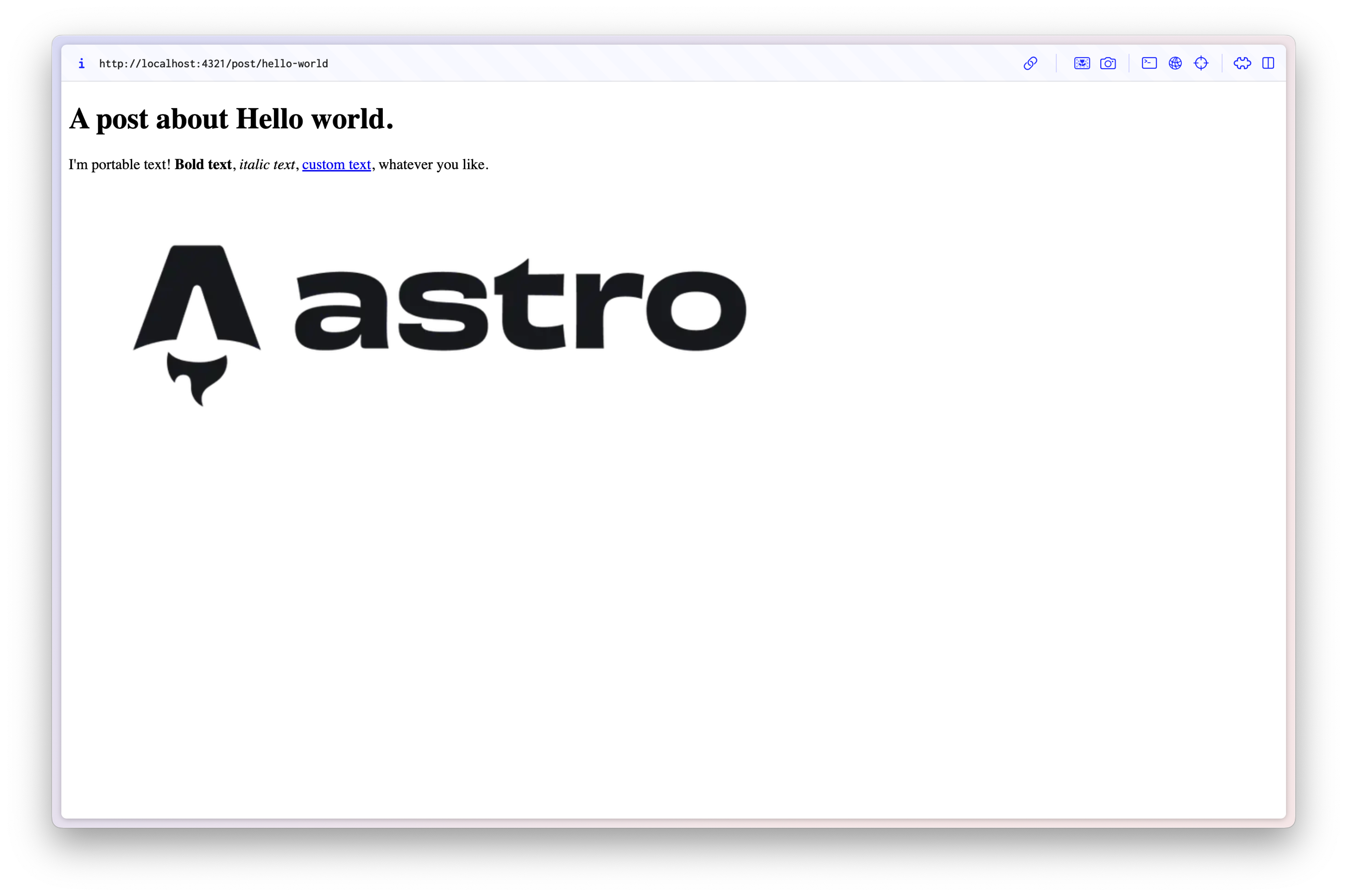 browser screenshot with heading my favorite things, some text with links and an image, the logo of Astro