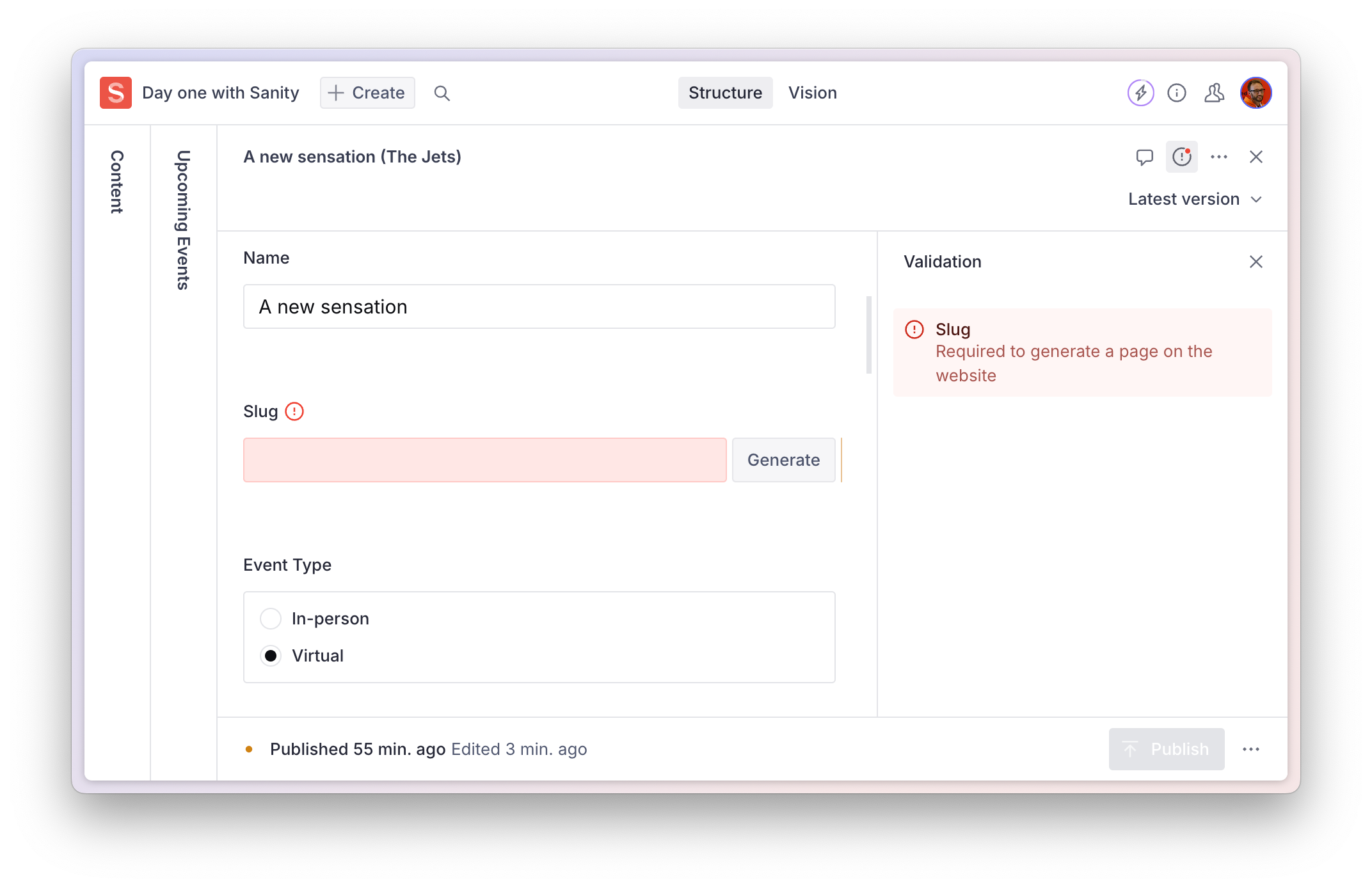 Document editing form showing validation errors