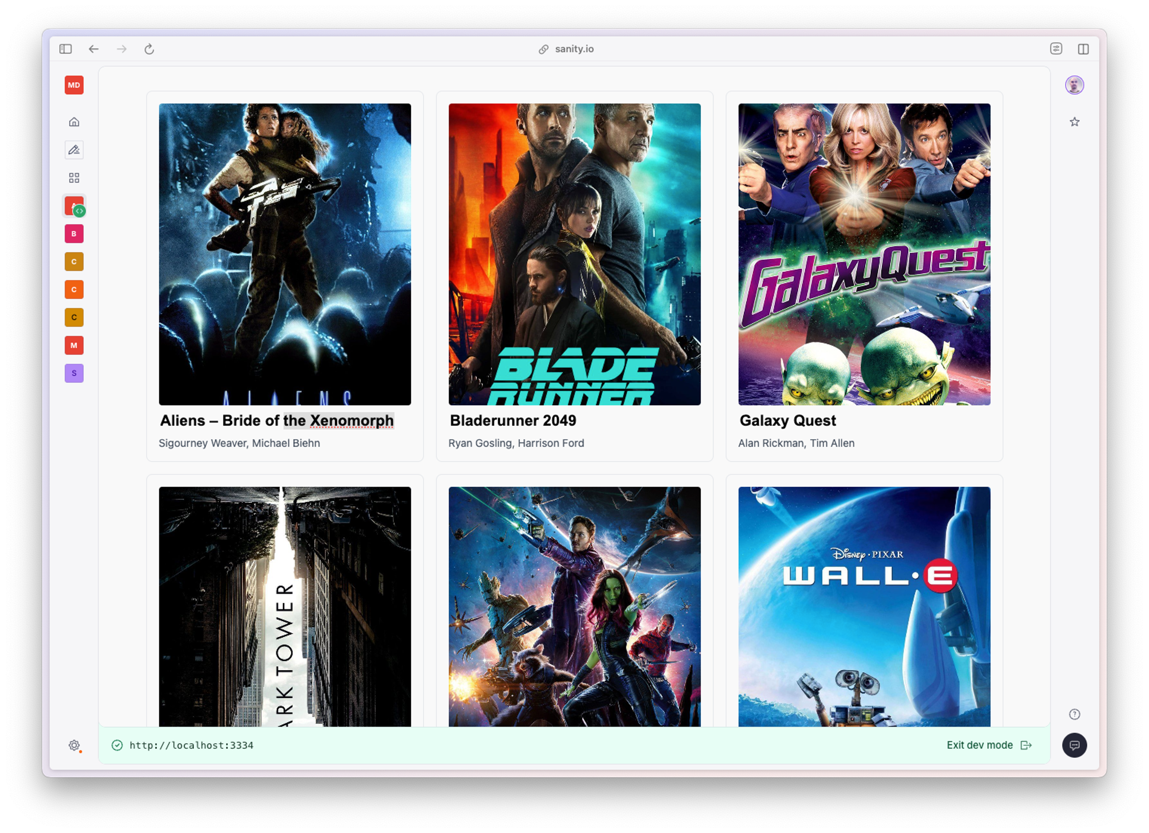 A grid layout of card elements displaying movie poster images along with title and top billed cast