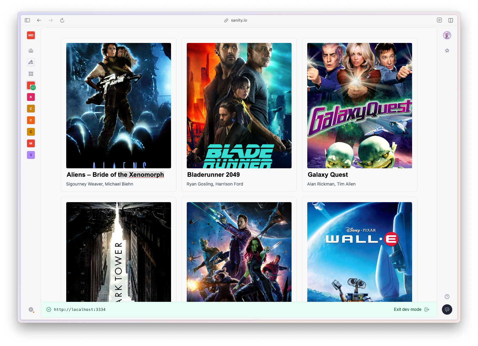 A grid layout of card elements displaying movie poster images along with title and top billed cast