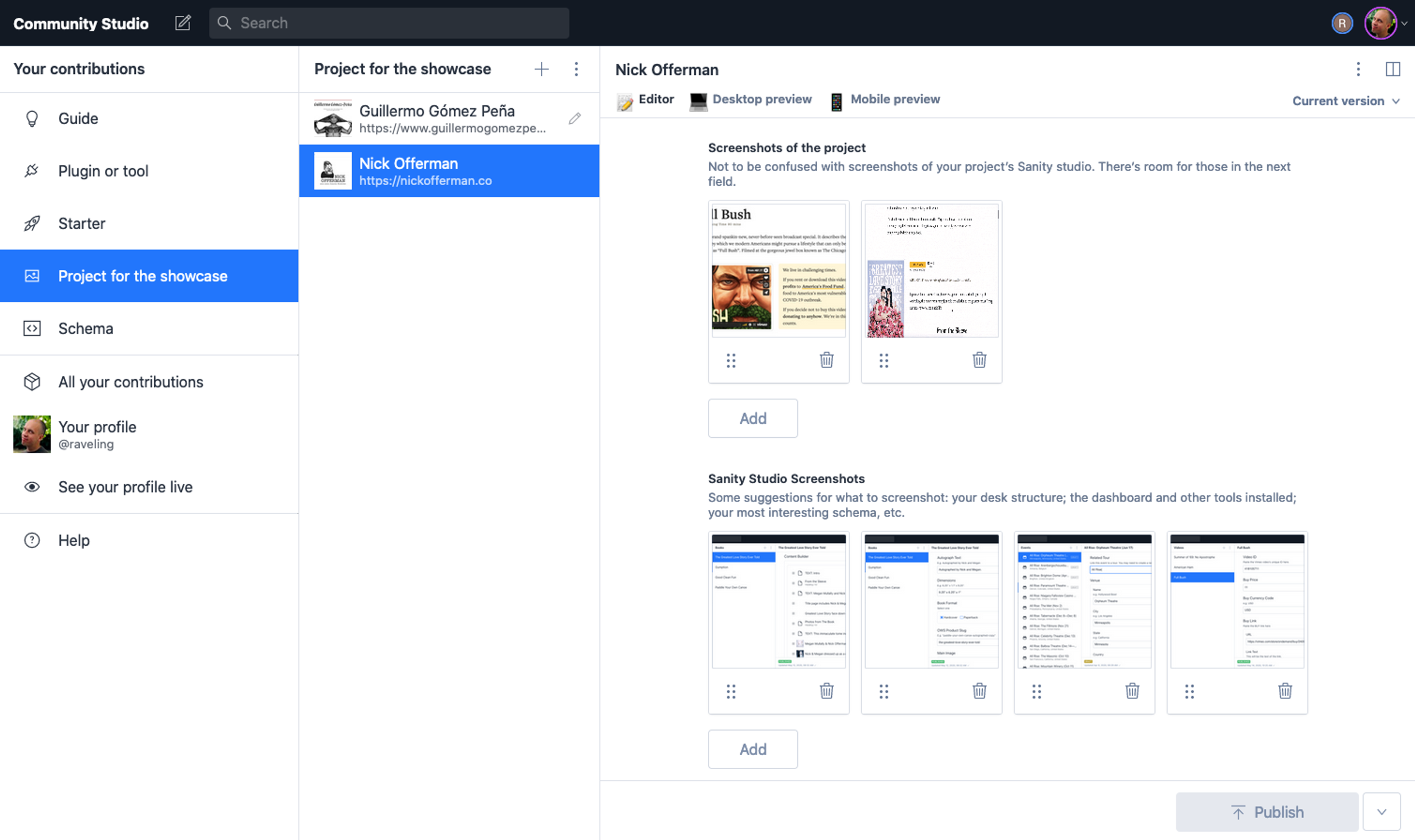 Editing a showcase project inside the Community Studio