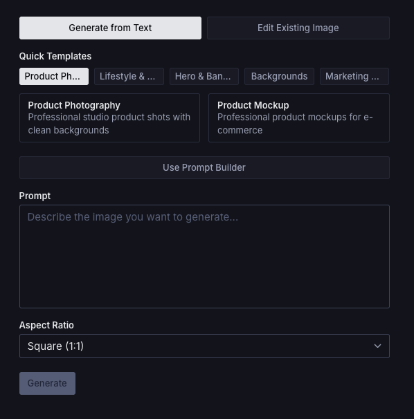 User interface for an AI image generation plugin with options for quick templates, a prompt input field, and aspect ratio settings.