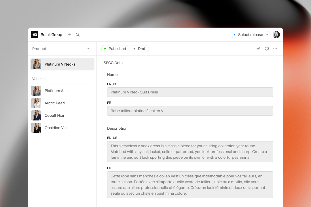 A product management interface displaying details for a 'Platinum V Neck Suit Dress', with variants and localized text fields for name and description.