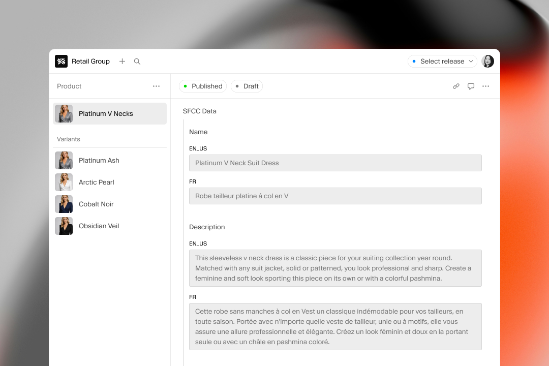 A product management interface displaying details for a 'Platinum V Neck Suit Dress', with variants and localized text fields for name and description.
