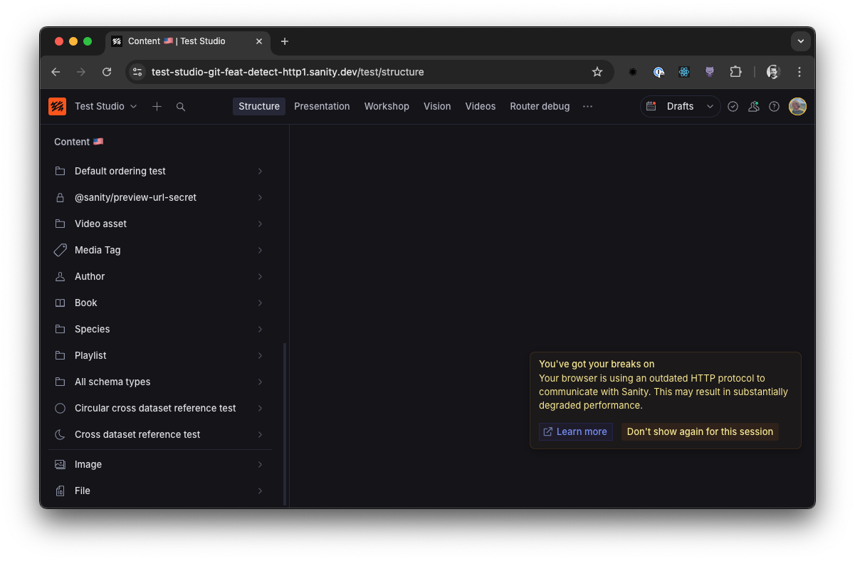 Sanity studio showing the http/1 warning toast