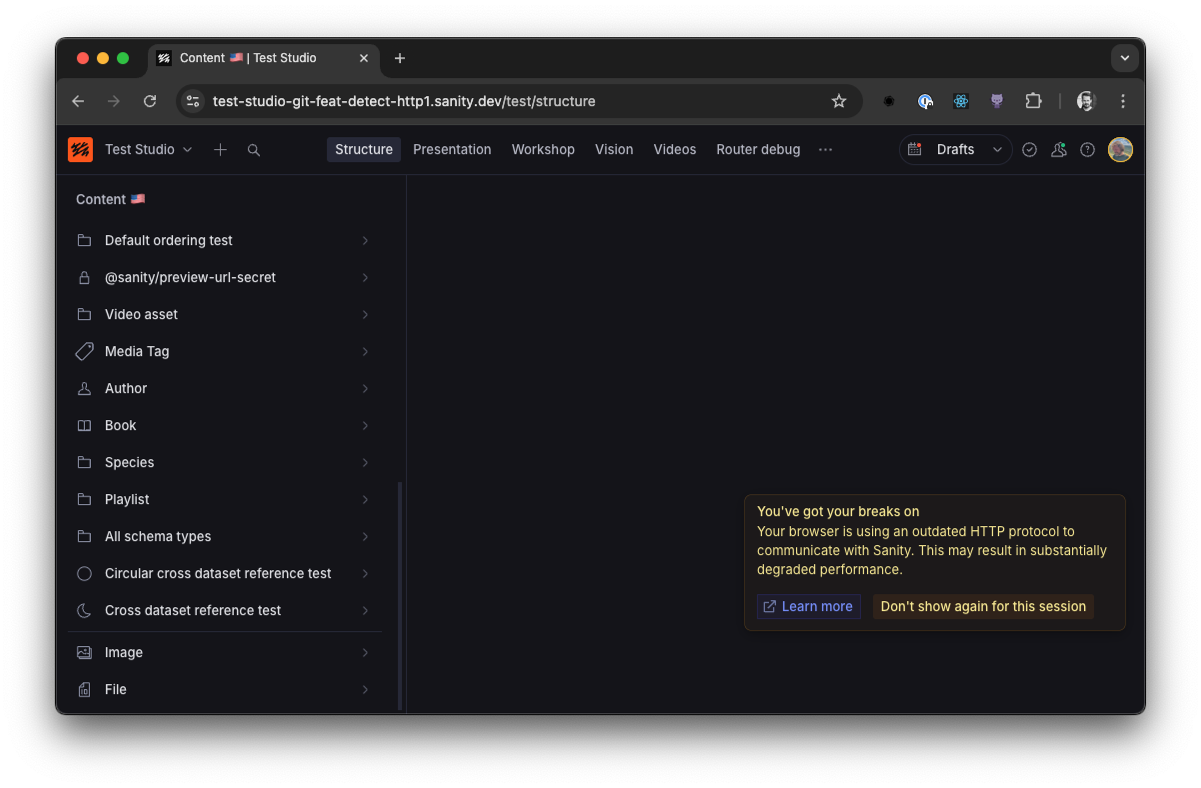 Sanity studio showing the http/1 warning toast