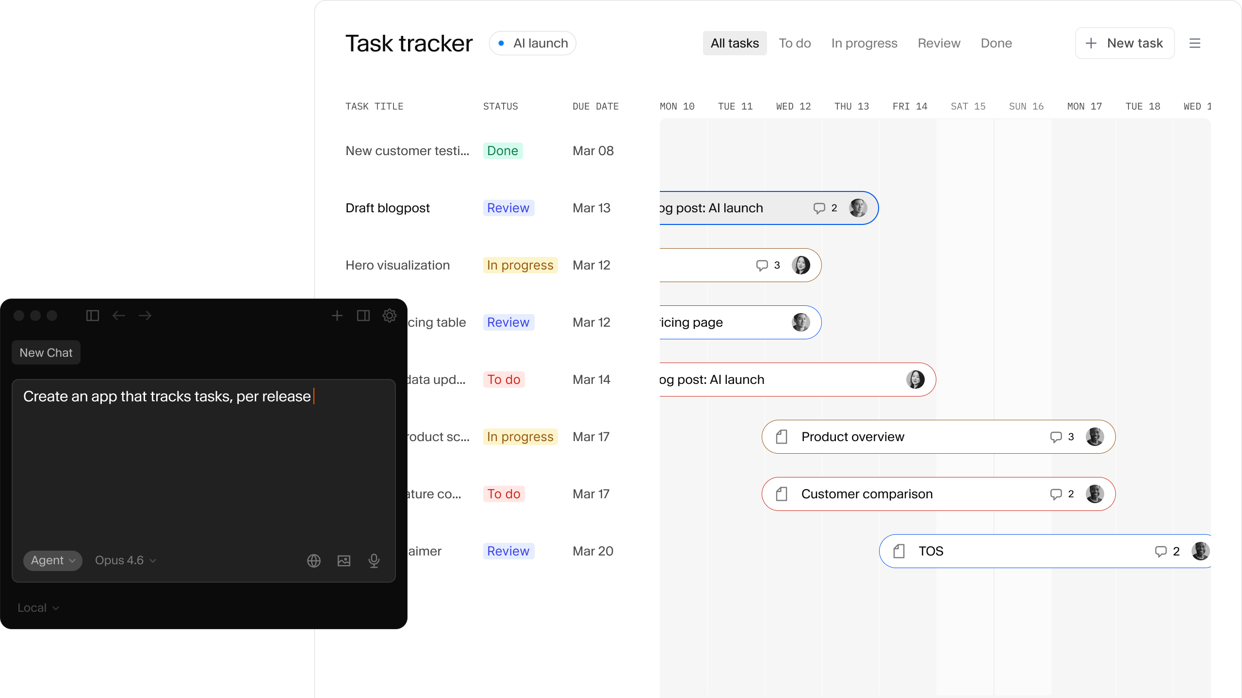 An AI chat window instructing to "Create an app that tracks tasks, per release," shown next to a task tracker application with a list and timeline view.