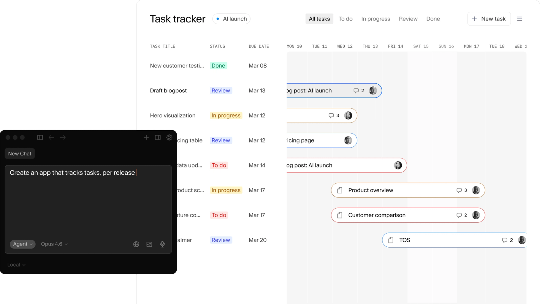 An AI chat window instructing to "Create an app that tracks tasks, per release," shown next to a task tracker application with a list and timeline view.