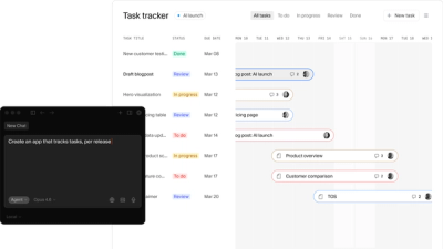 An AI chat window instructing to "Create an app that tracks tasks, per release," shown next to a task tracker application with a list and timeline view.