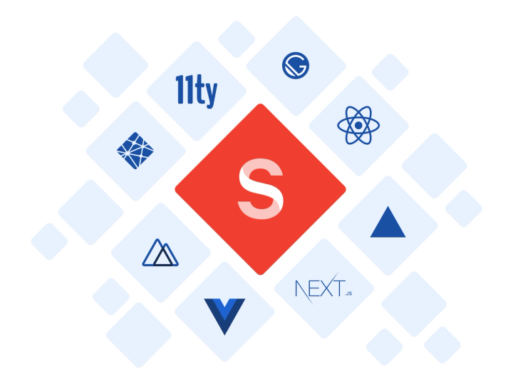 Jamstack architecture company logos: Sanity, Vue, Netlify Nuxt, Vercel, React, Gatsby, Eleventy Next.JS