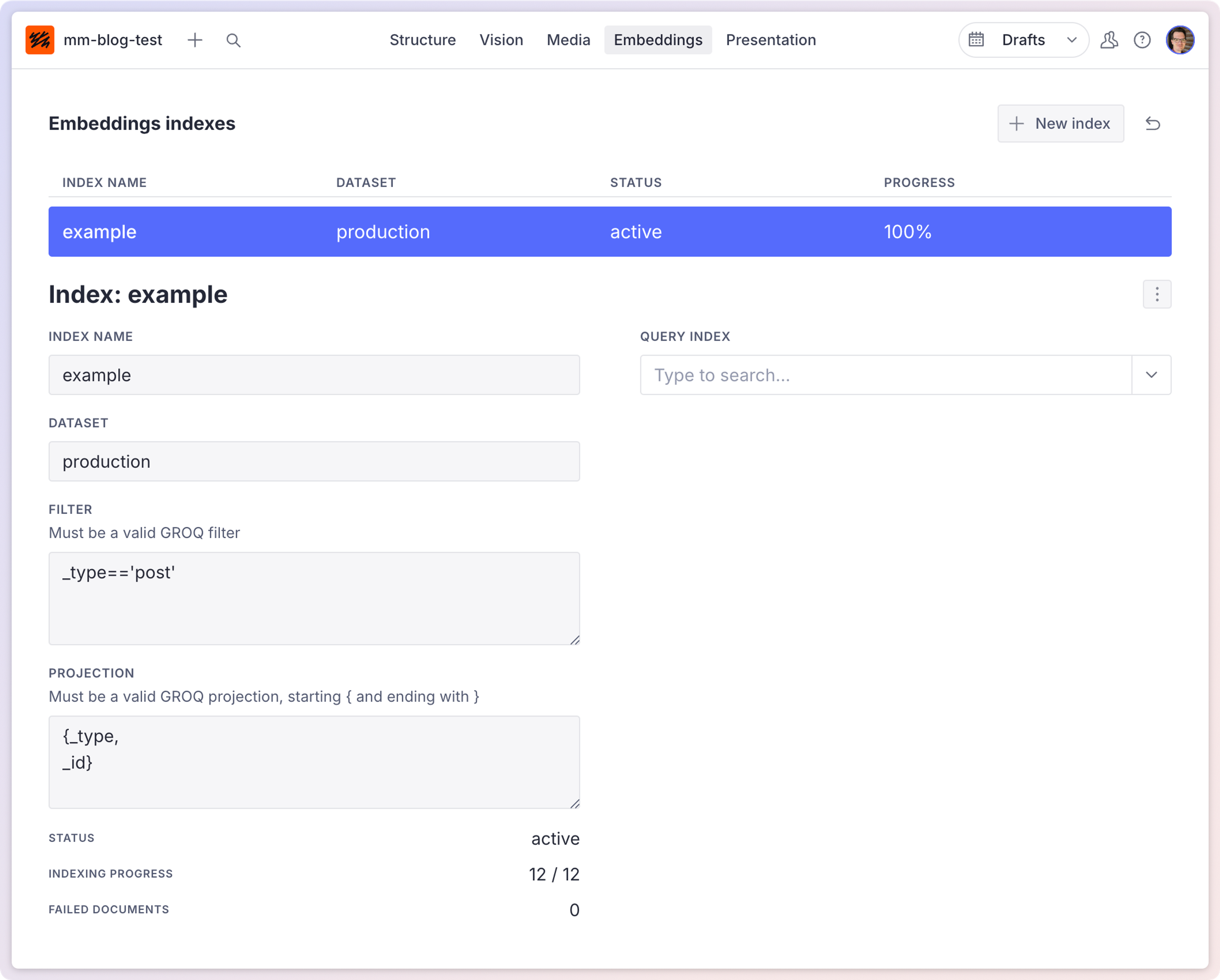 a screenshot of the embeddings indexes page