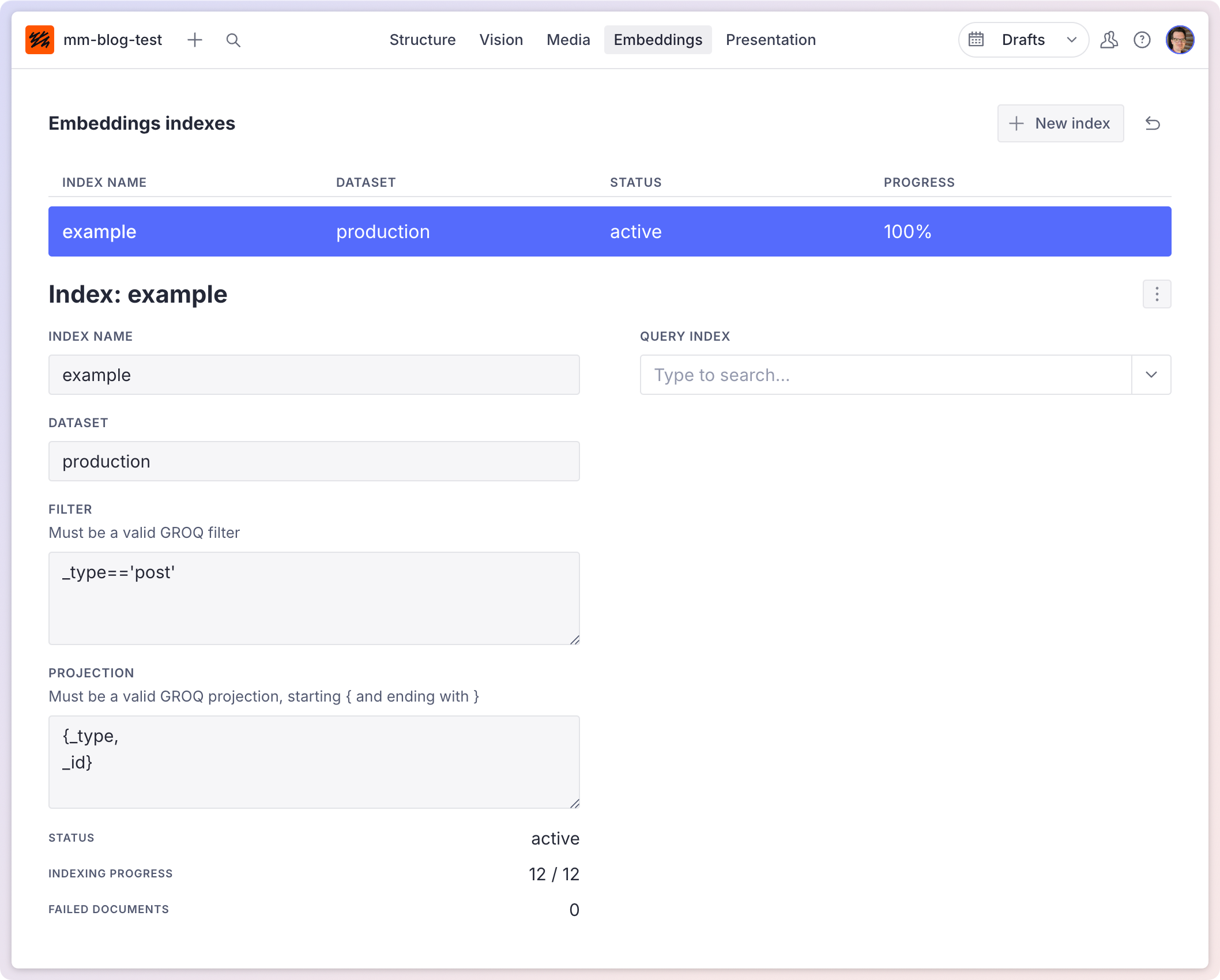 a screenshot of the embeddings indexes page