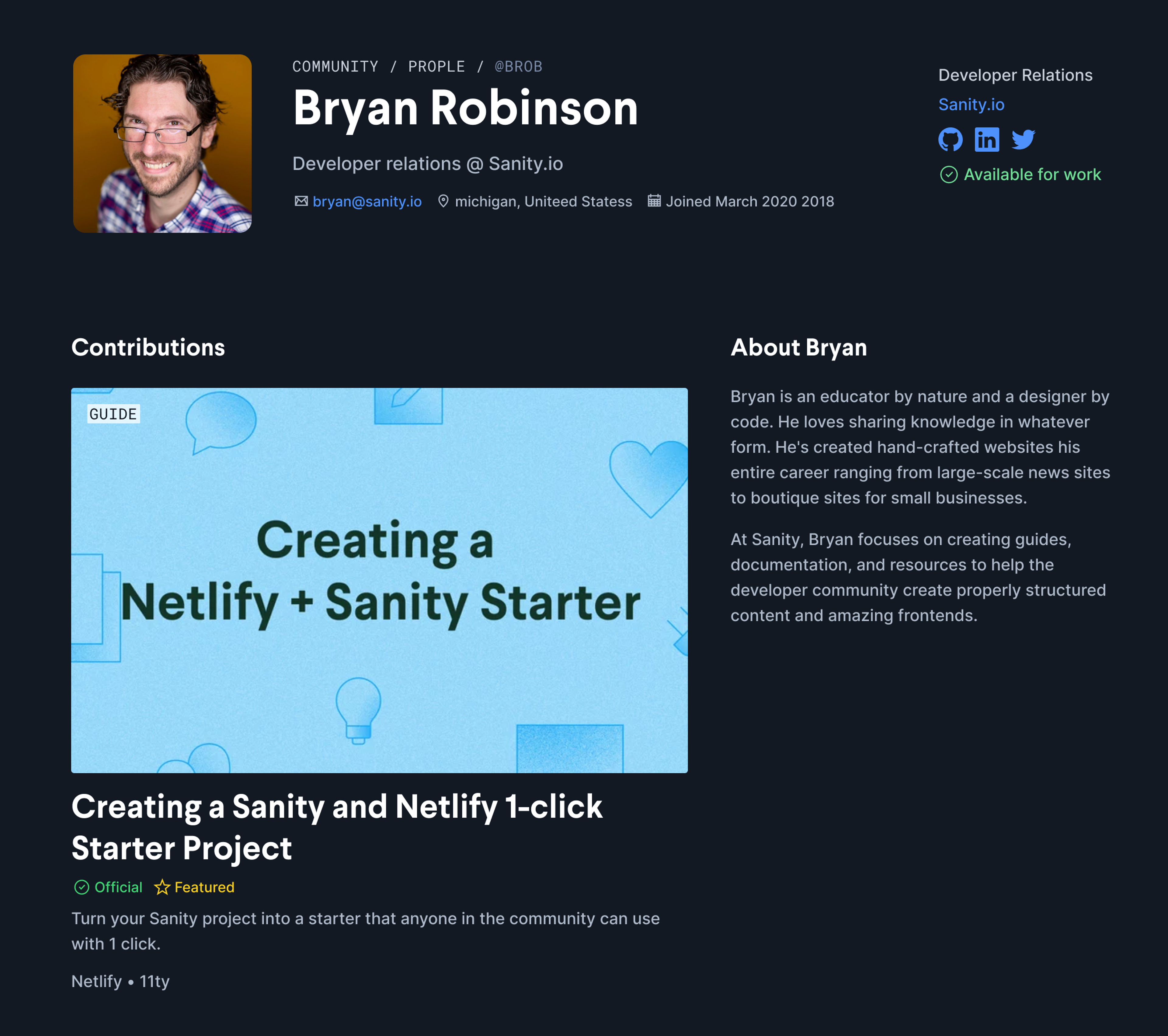 The top of a portfolio page showcasing that Bryan is available for Sanity-related work