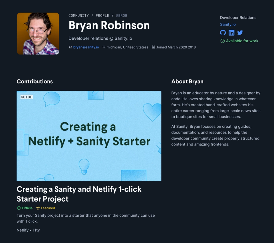 The top of a portfolio page showcasing that Bryan is available for Sanity-related work The top of a portfolio page showcasing that Bryan is available for Sanity-related work