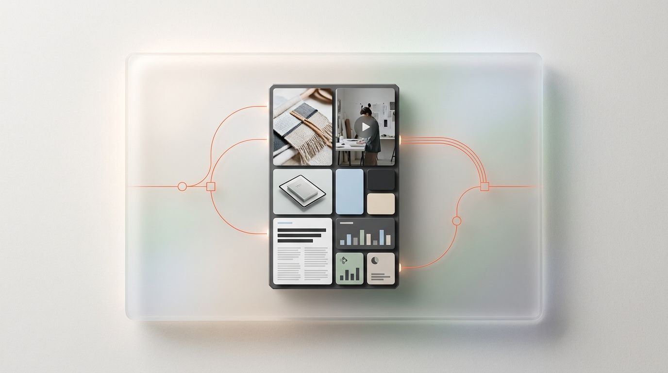 Structured text, images, video, and product content remain at the center while connected workflow paths coordinate decisions around them within Sanity.