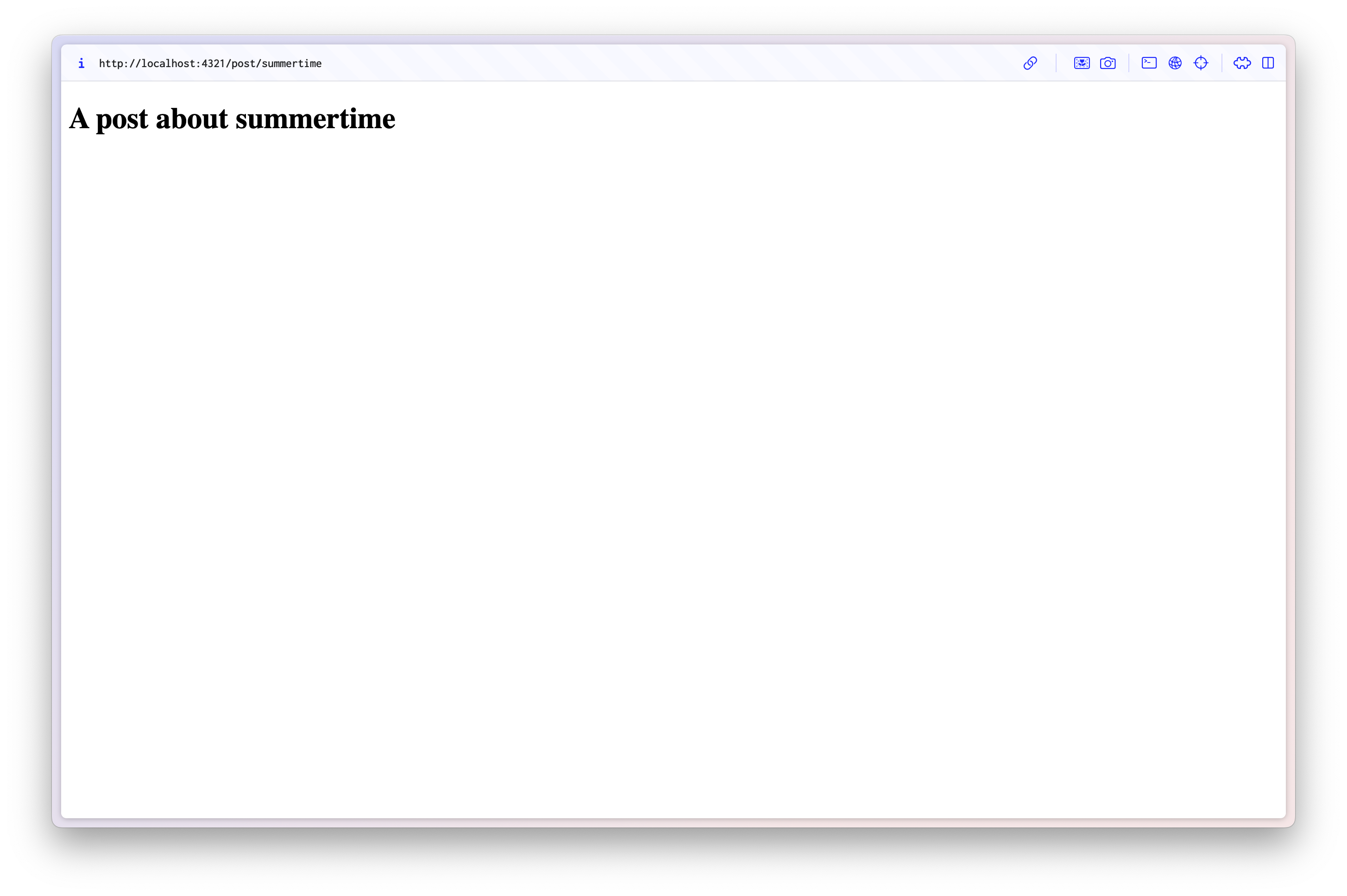 screenshot of browser rendering a heading 'A post about summertime' on localhost:4321/post/summertime