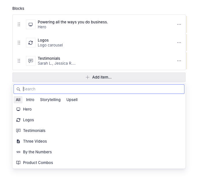 Shows insert menu with groups of schema types