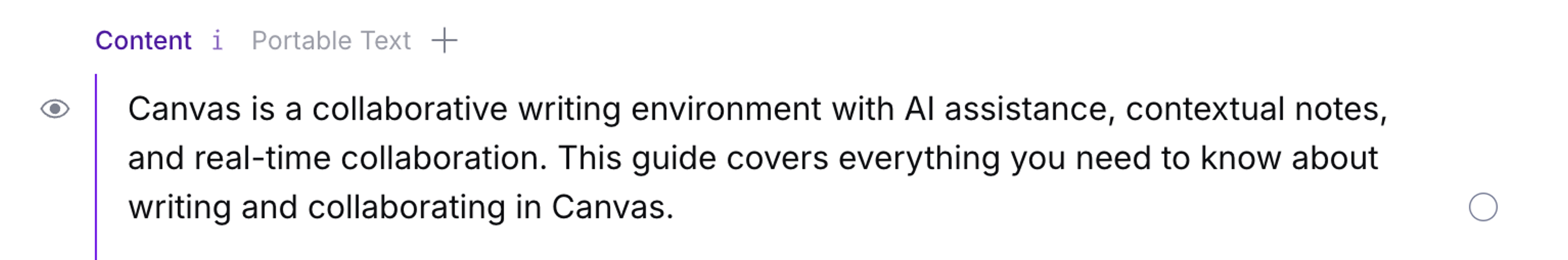 Description of Canvas as a collaborative writing environment with AI assistance, contextual notes, and real-time collaboration.