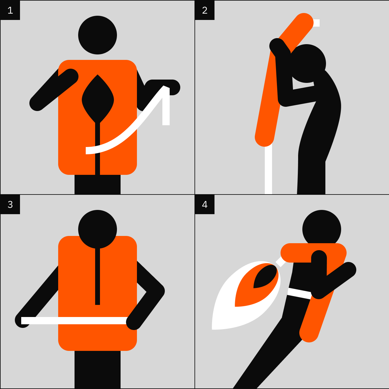Four simple illustrations showing how to put on and secure a life vest, ending with a playful depiction where the vest looks like a jetpack.