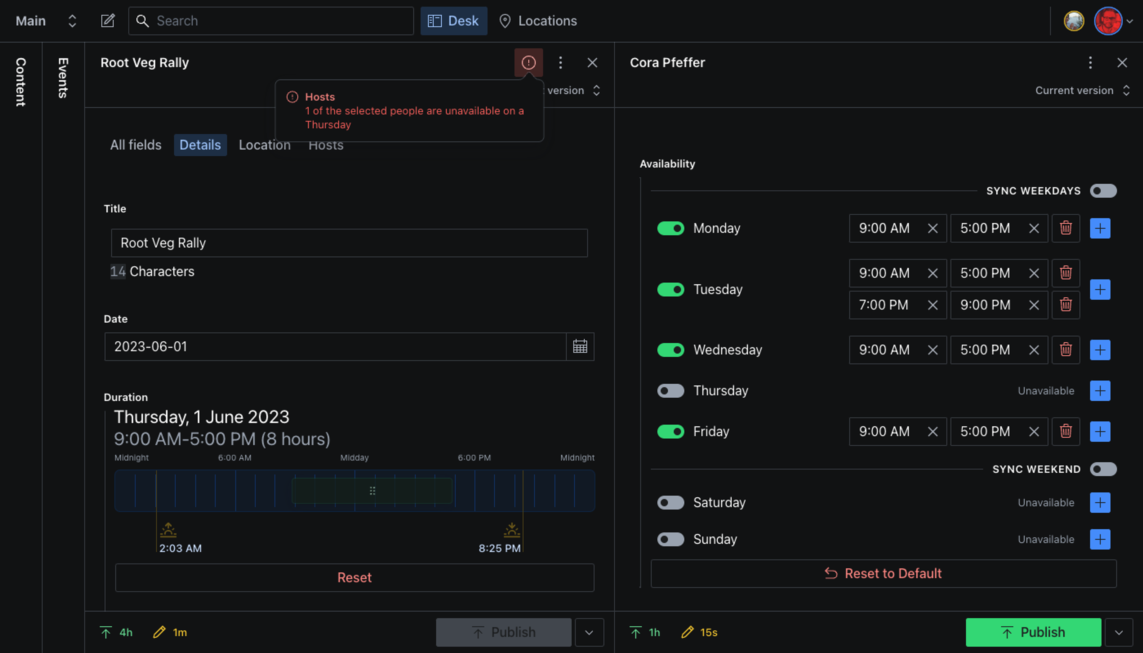 A screenshot of the studio in dark mode with custom input components for duration and availability