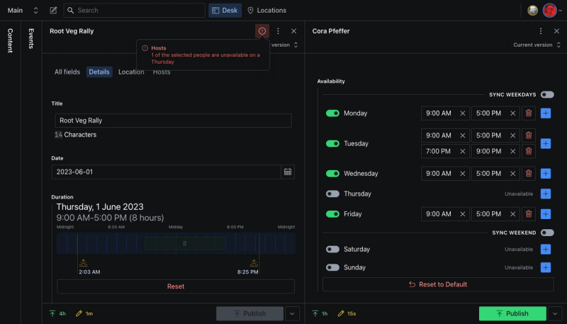 A screenshot of the studio in dark mode with custom input components for duration and availability