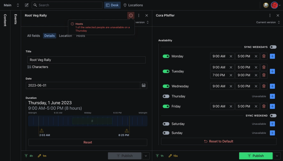 A screenshot of the studio in dark mode with custom input components for duration and availability A screenshot of the studio in dark mode with custom input components for duration and availability
