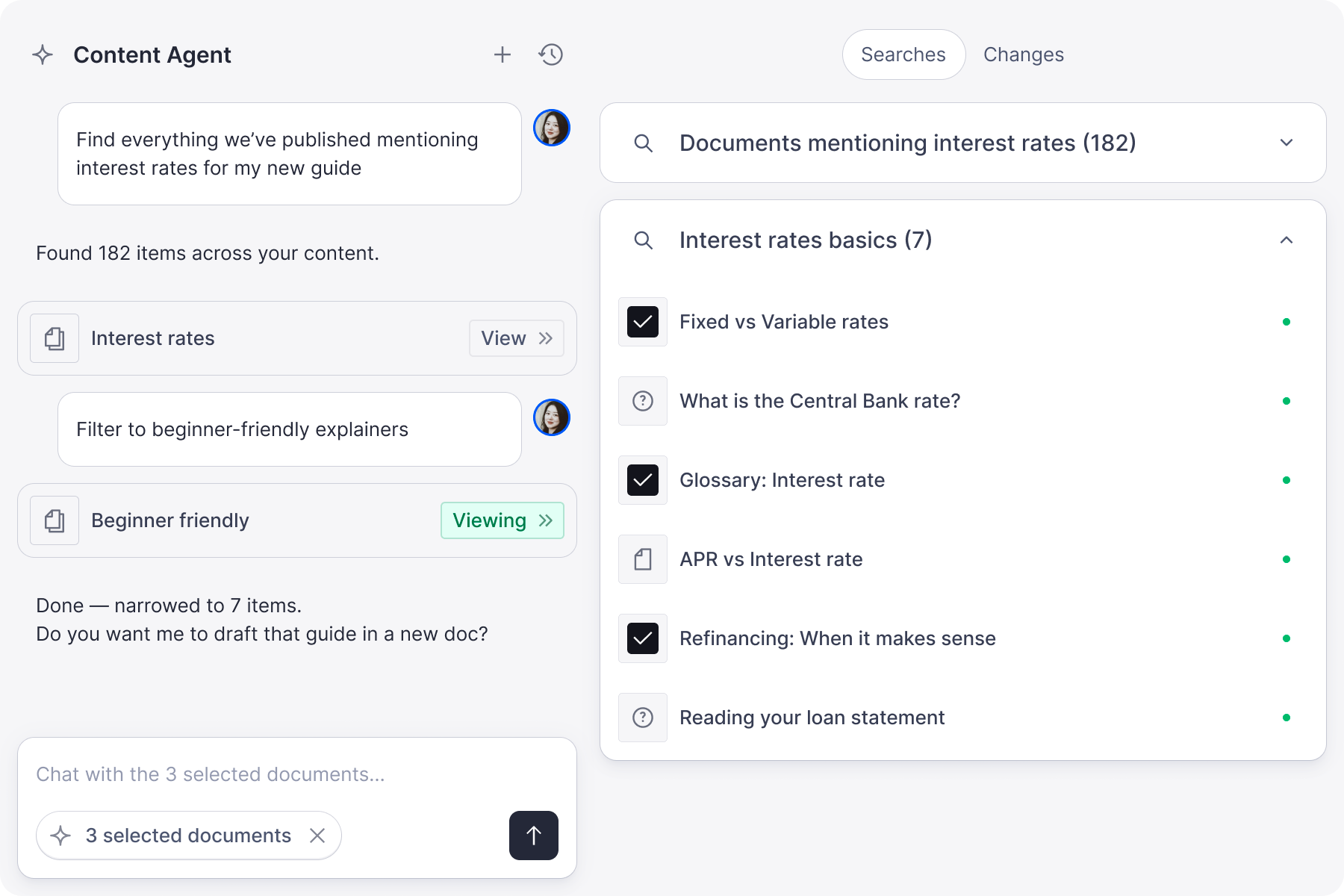 A Content Agent UI where an AI assistant filters documents about interest rates, narrowing 182 items to 7 beginner-friendly explainers for a new guide.