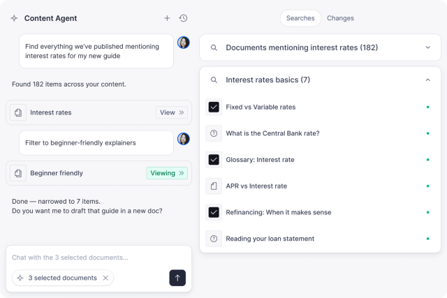 A Content Agent UI where an AI assistant filters documents about interest rates, narrowing 182 items to 7 beginner-friendly explainers for a new guide.
