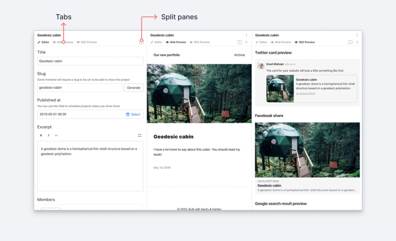 Screenshot of split views and tabs in Sanity Studio