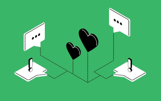 Speech bubbles connected to hearts on a green background. Meaning to convey mutual respect.