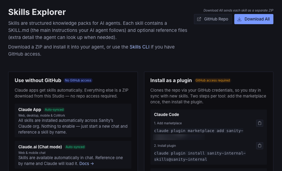 A dark mode webpage titled "Skills Explorer," detailing how to obtain and install knowledge packs for AI agents, with options for use without GitHub or installation as a plugin.