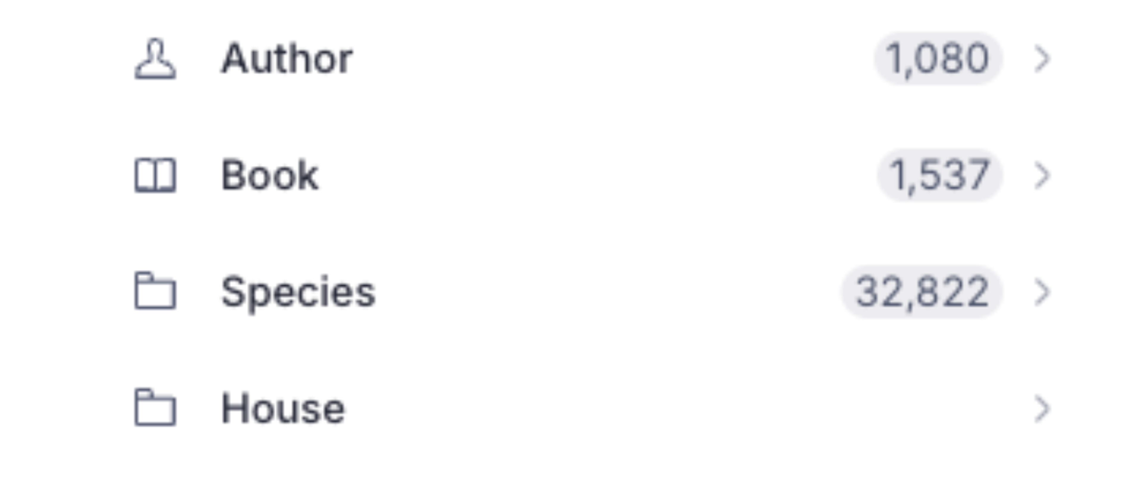 A structure list with document count badges: Author 1,080, Book 1,537, Species 32,822, and no badge on House.