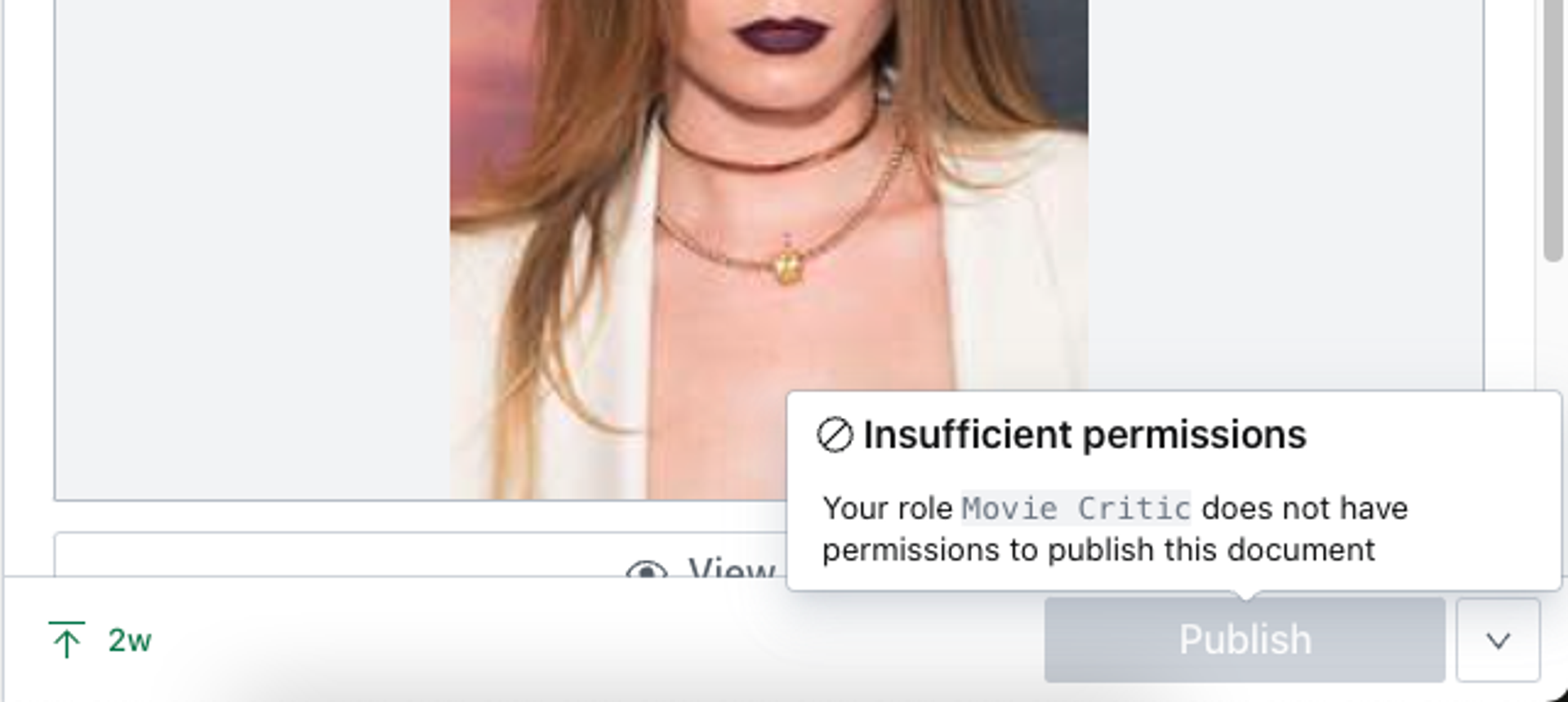 Shows a notification stating that current user does not have permissions to update document