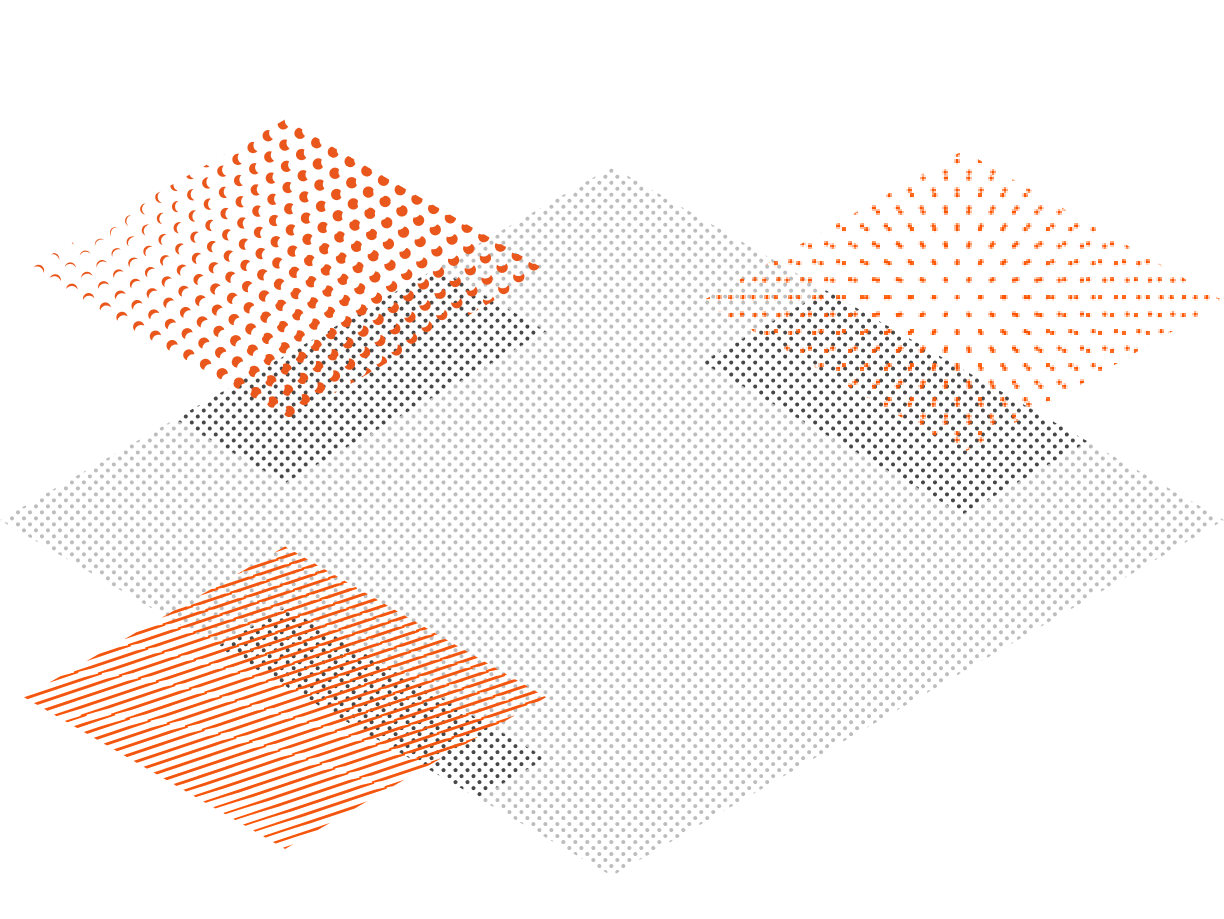 Layered abstract design with white dotted and orange patterned rhombuses casting shadows on a black background.