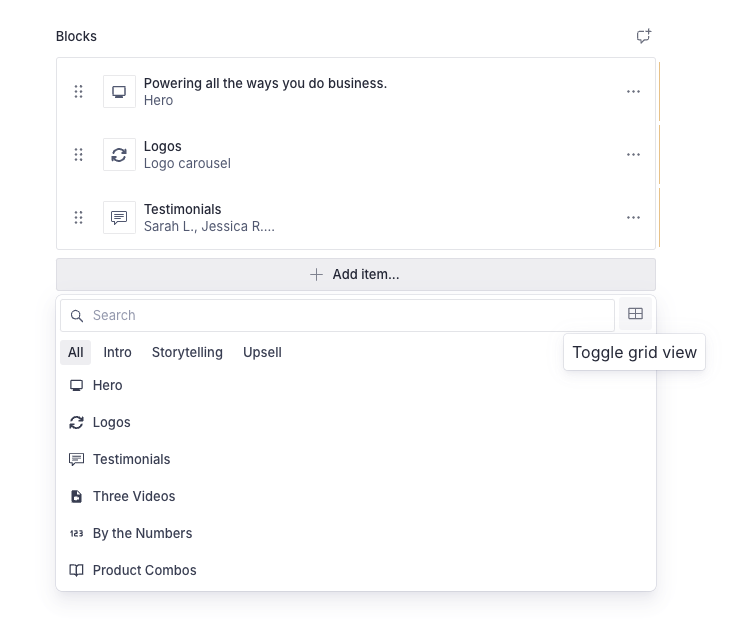 Insert menu showing the list view with a toggle to switch to grid view