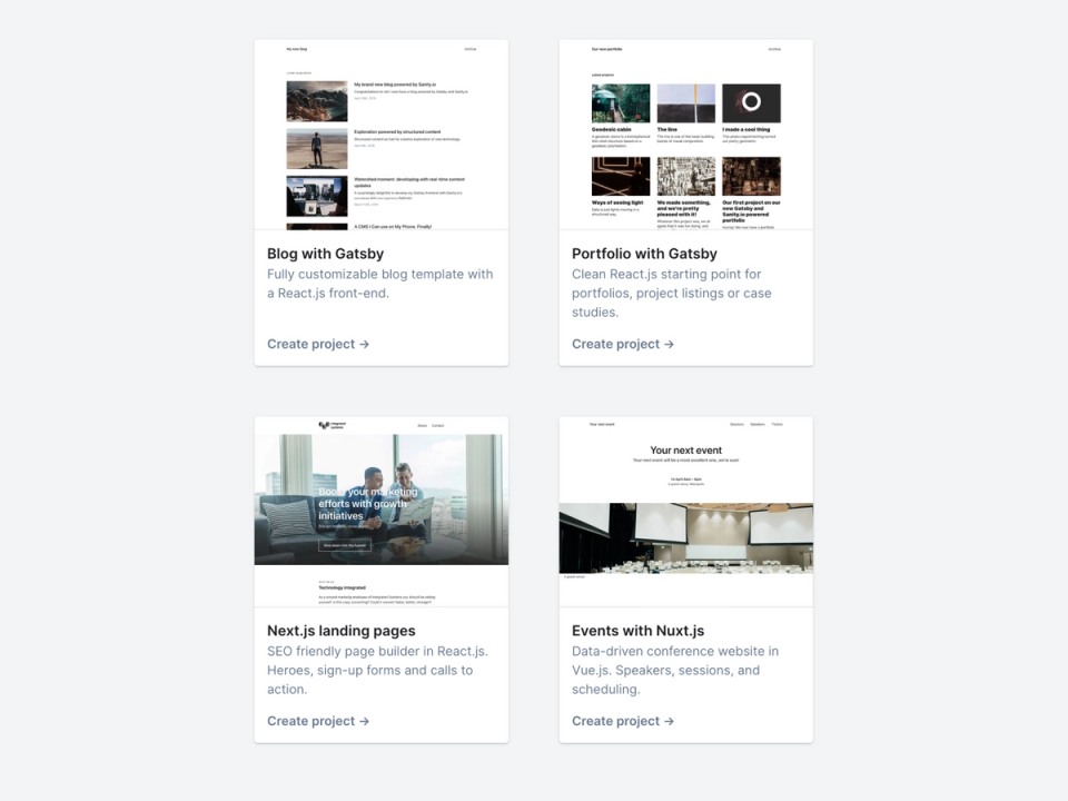 The four starter projects: Blog with Gatsby; Portfolio with Gatsby; Next.js landing pages; and Events with Nuxt.js 