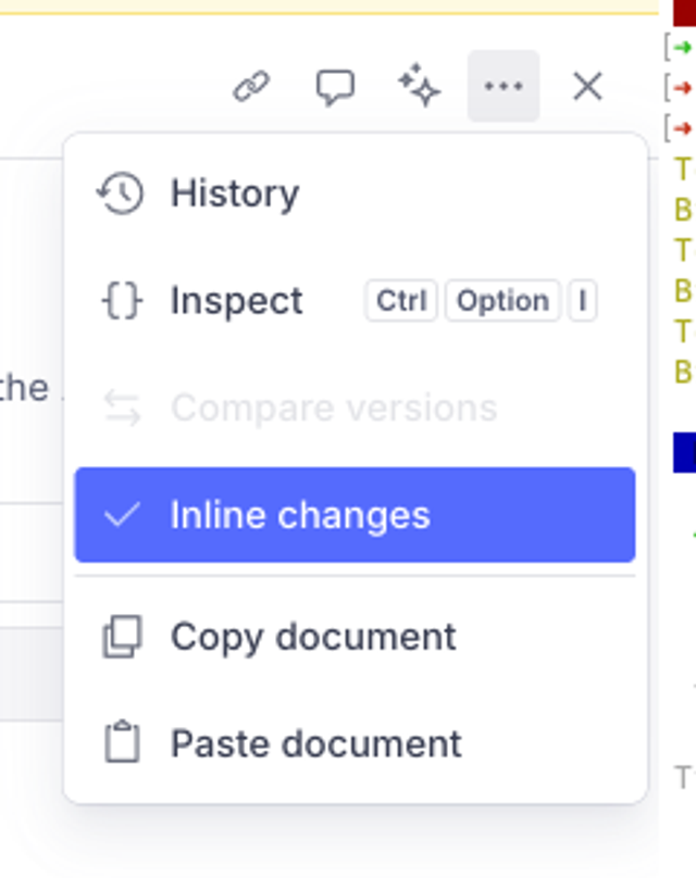 Shows the ellipsis menu with the "Inline changes" option checked