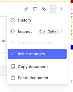 Shows the ellipsis menu with the "Inline changes" option checked