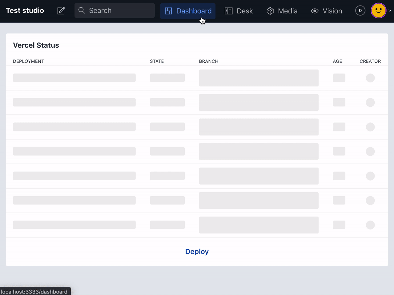 A dashboard widget for Vercel showing build statuses and a deploy button