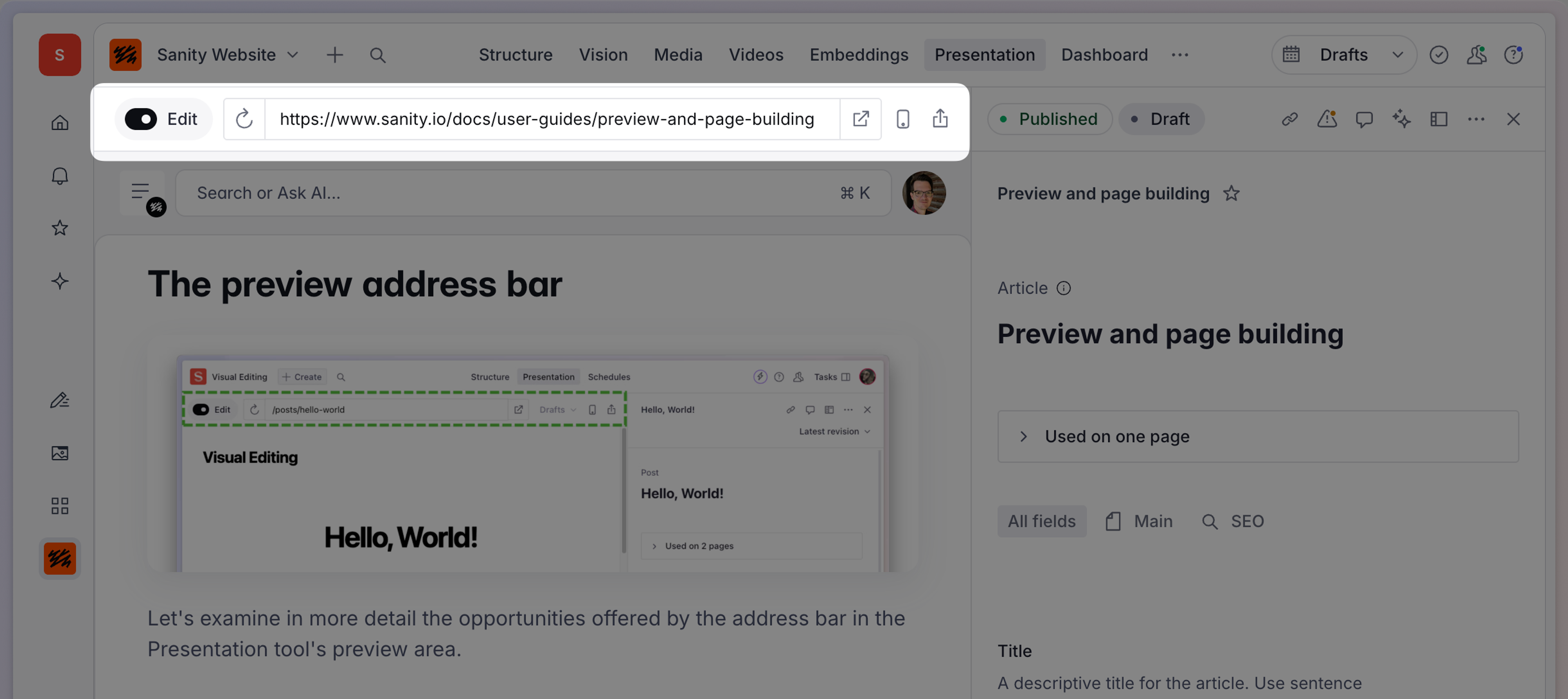 The Sanity.io preview address bar with an 'Edit' toggle and a web URL.