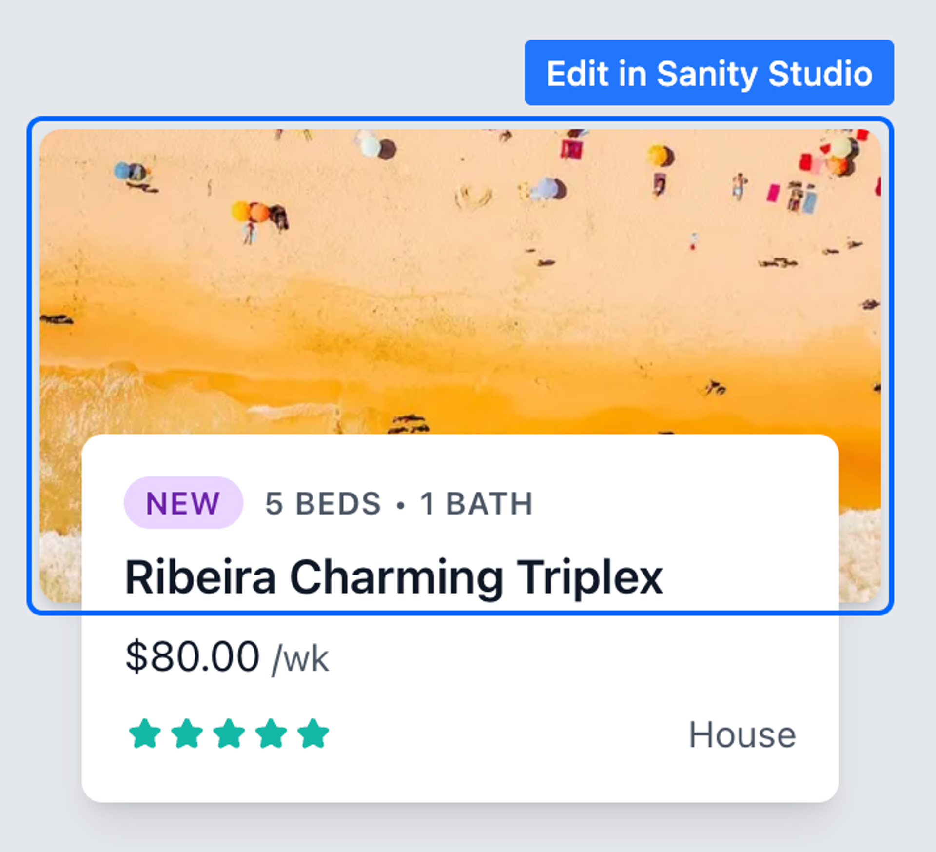 A card listing for a property with a border around the image with a button "Edit in Sanity Studio"