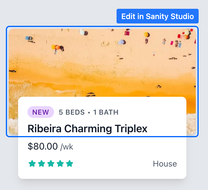 A card listing for a property with a border around the image with a button "Edit in Sanity Studio"