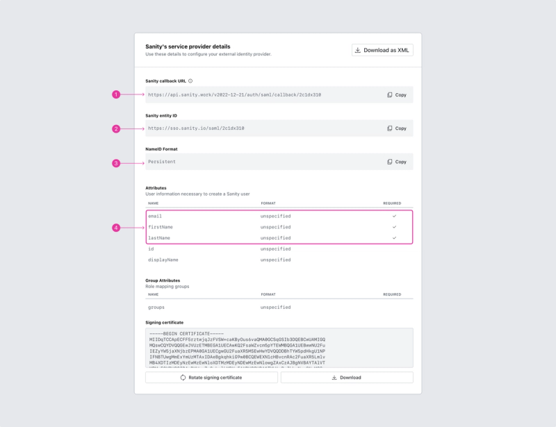 Shows the Sanity provider details screen with 4 fields highlighted with sequential integers from 1 to 4.. These are labeled "Sanity callback URL", "Sanity entity ID", "NameID Format" and "Attributes"