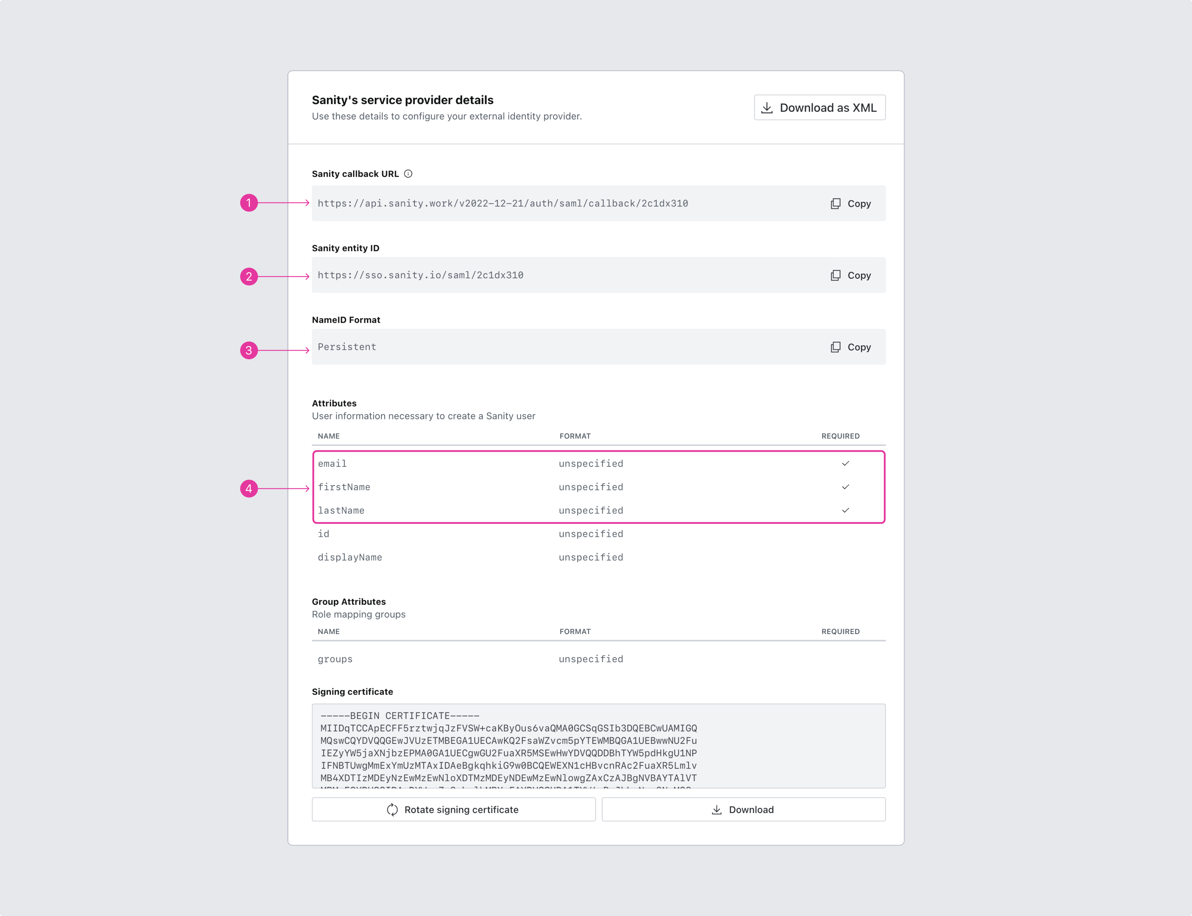 The Sanity provider details screen with four fields highlighted and numbered one through four: “Sanity callback URL”, “Sanity entity ID”, “NameID Format”, and “Attributes”.