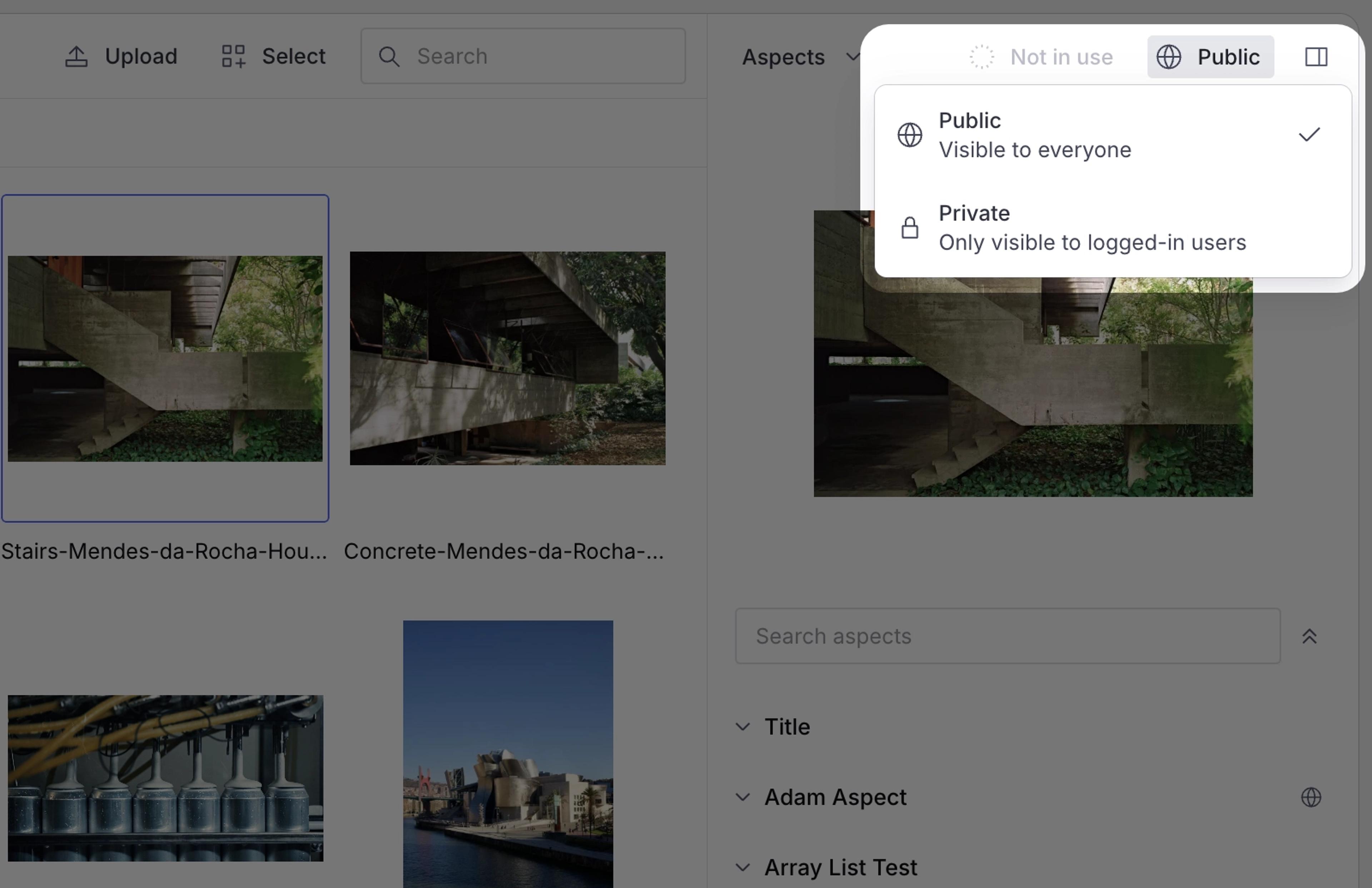 Screenshot of the Media Library showing the visibility switcher