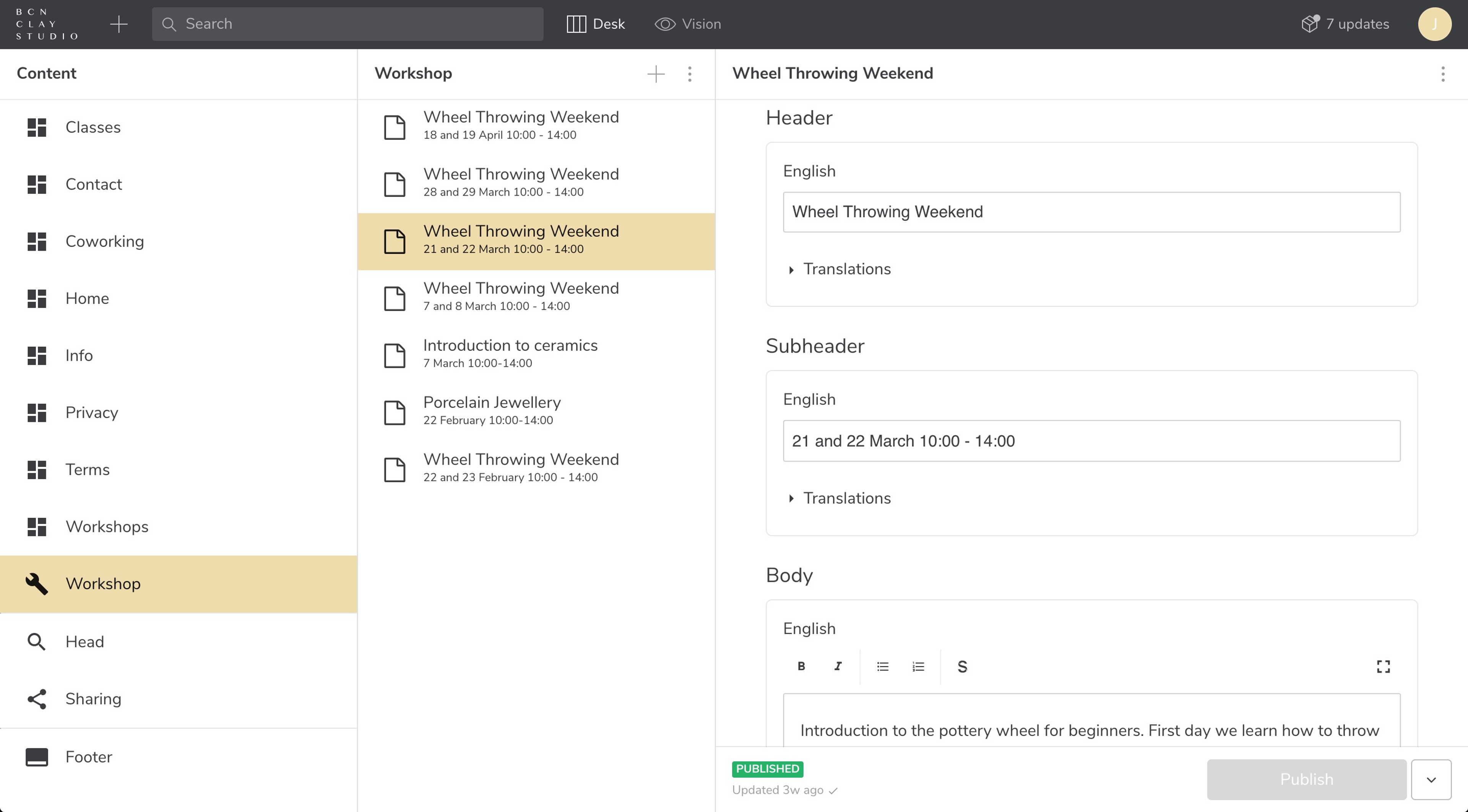 BCN Clay Studioâs Studio showing entries for workshops
