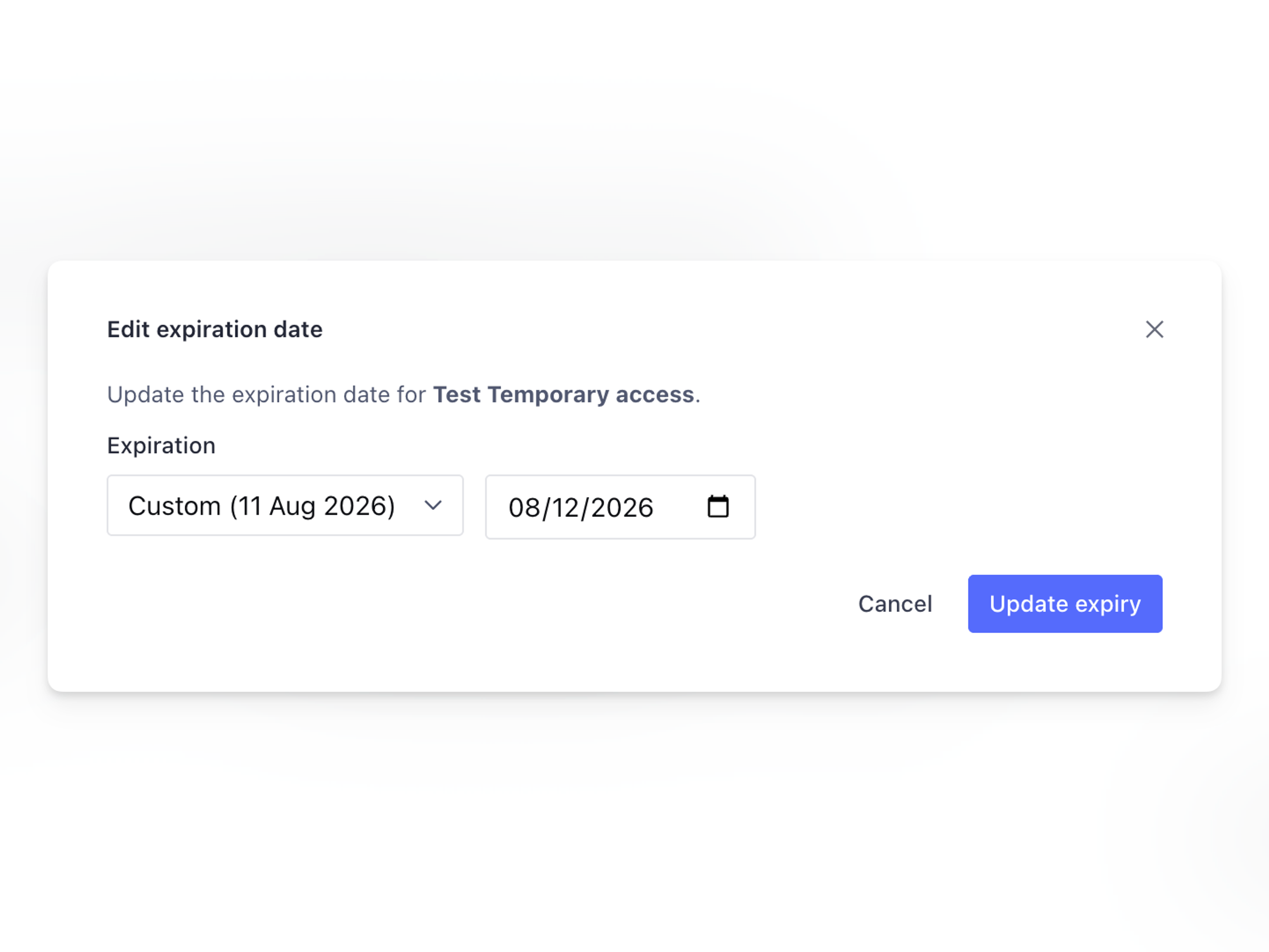 A dialog box for editing an expiration date, displaying date input fields with "Custom (11 Aug 2026)" selected, and an "Update expiry" button.