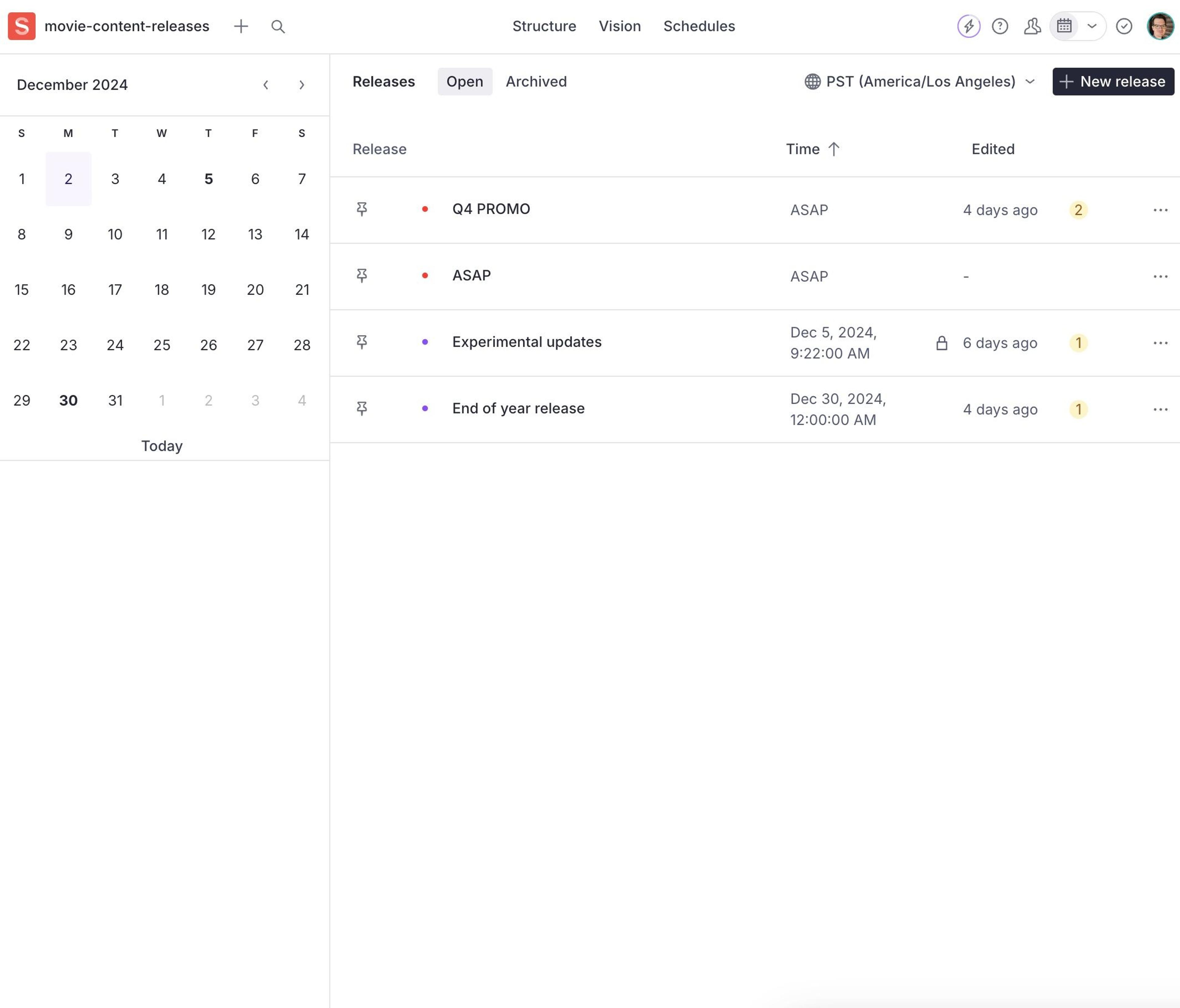the content releases screen
