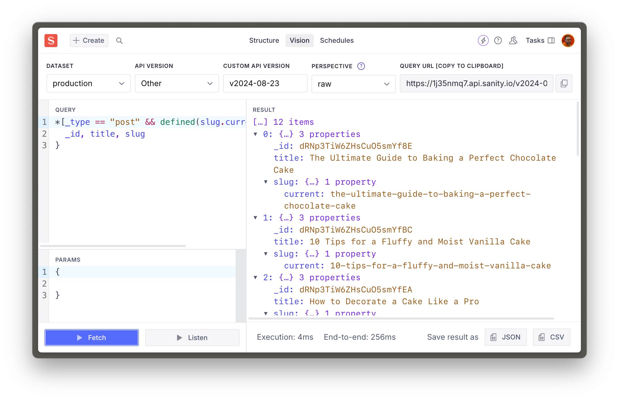 Vision tool in Sanity Studio showing a GROQ query and a response